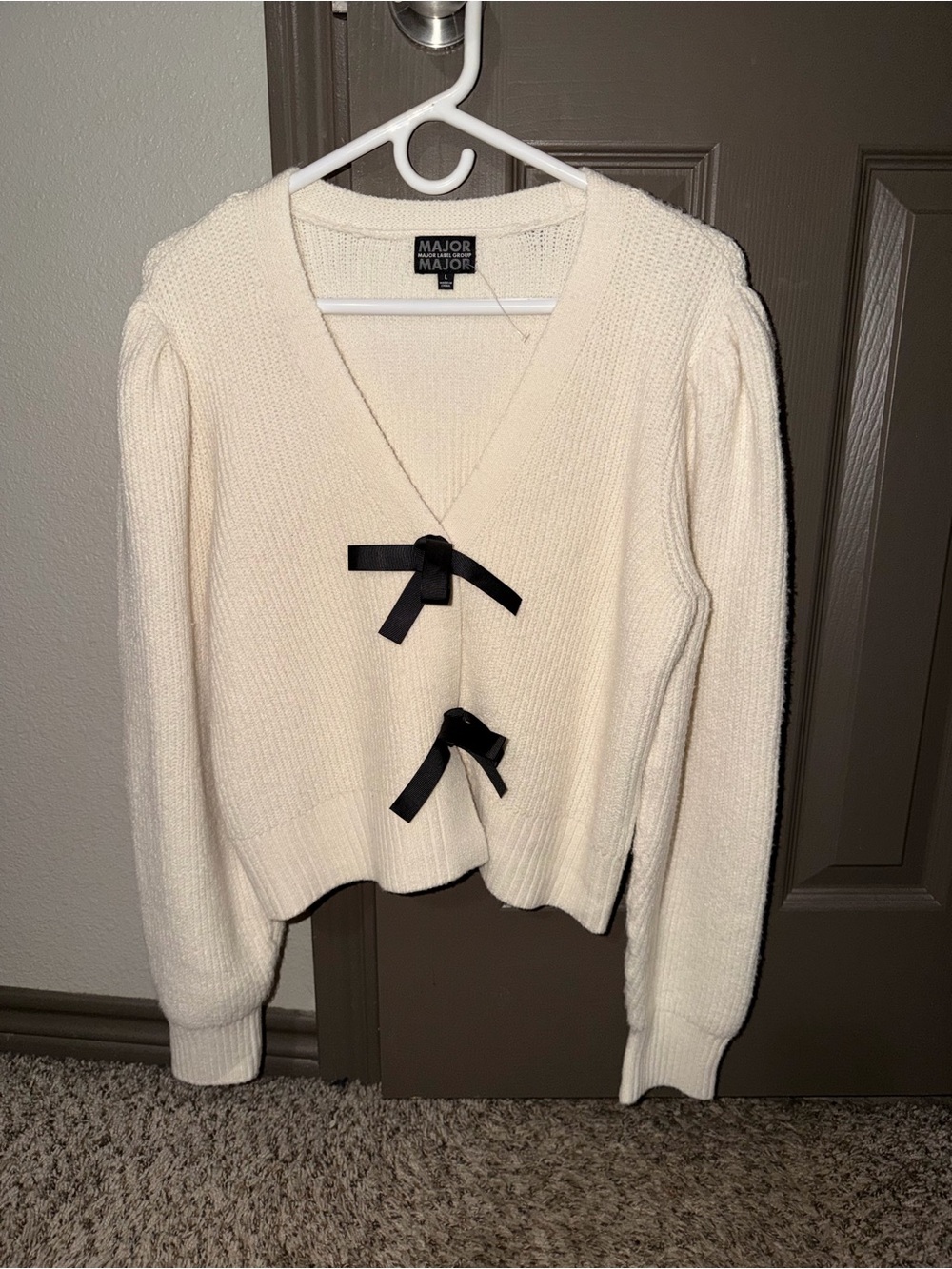 Cream V-Neck Bow Accent Women's Sweater
